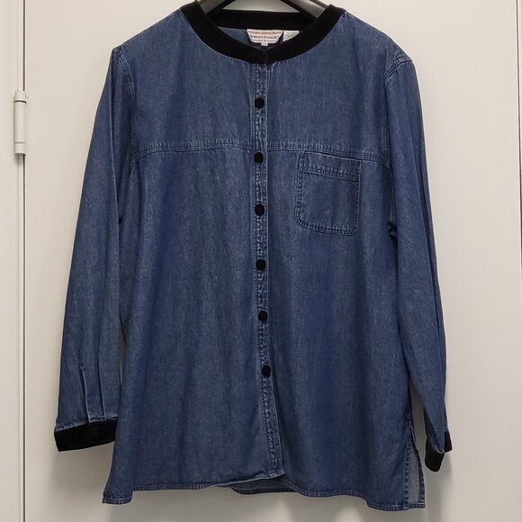 Vintage Westbound Denim Shirt Womens 1X Plus Button Up Long Sleeve Velour Accent - Picture 1 of 16